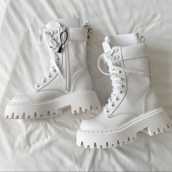 Zara White Lug Sole Lace-Up Leather Ankle Boots Size 5 - Picture 6 of 13